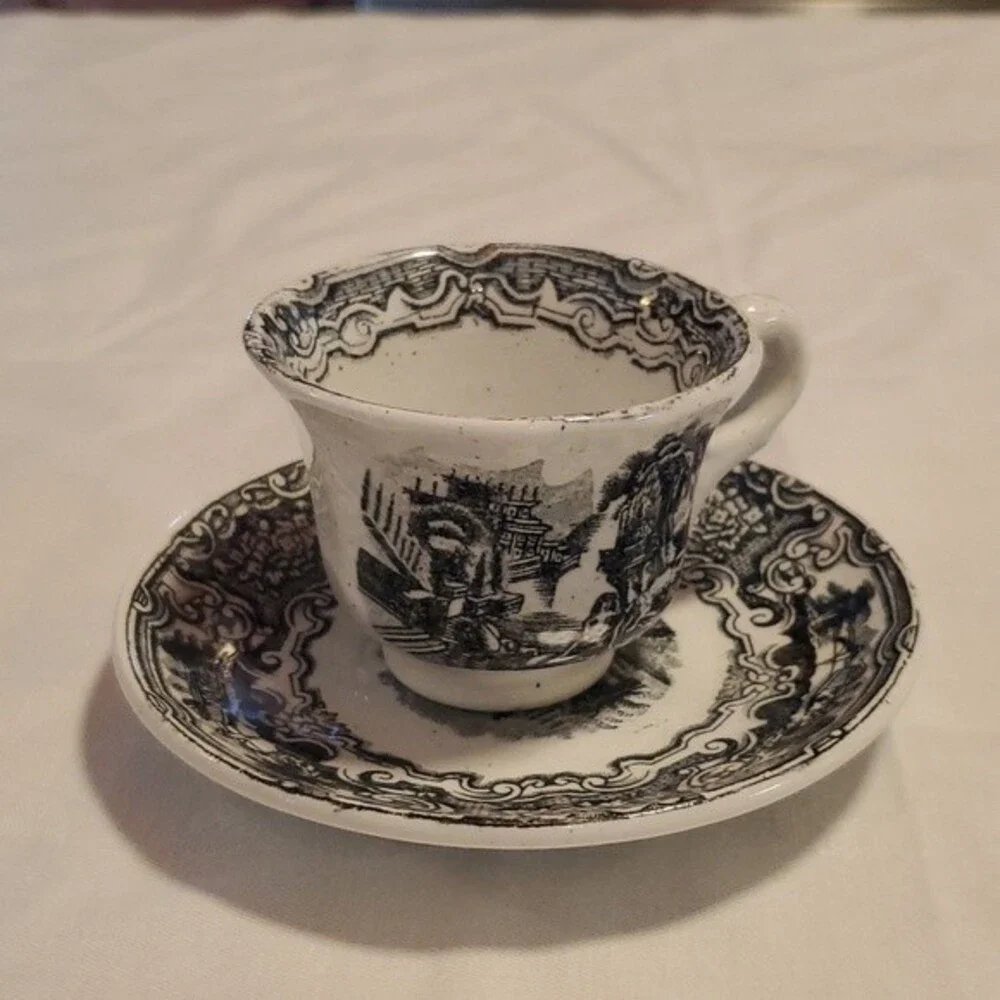 VTG La Cartuja de Sevilla “Vistas” Cup Saucer – Rare Black Transferware  Spain